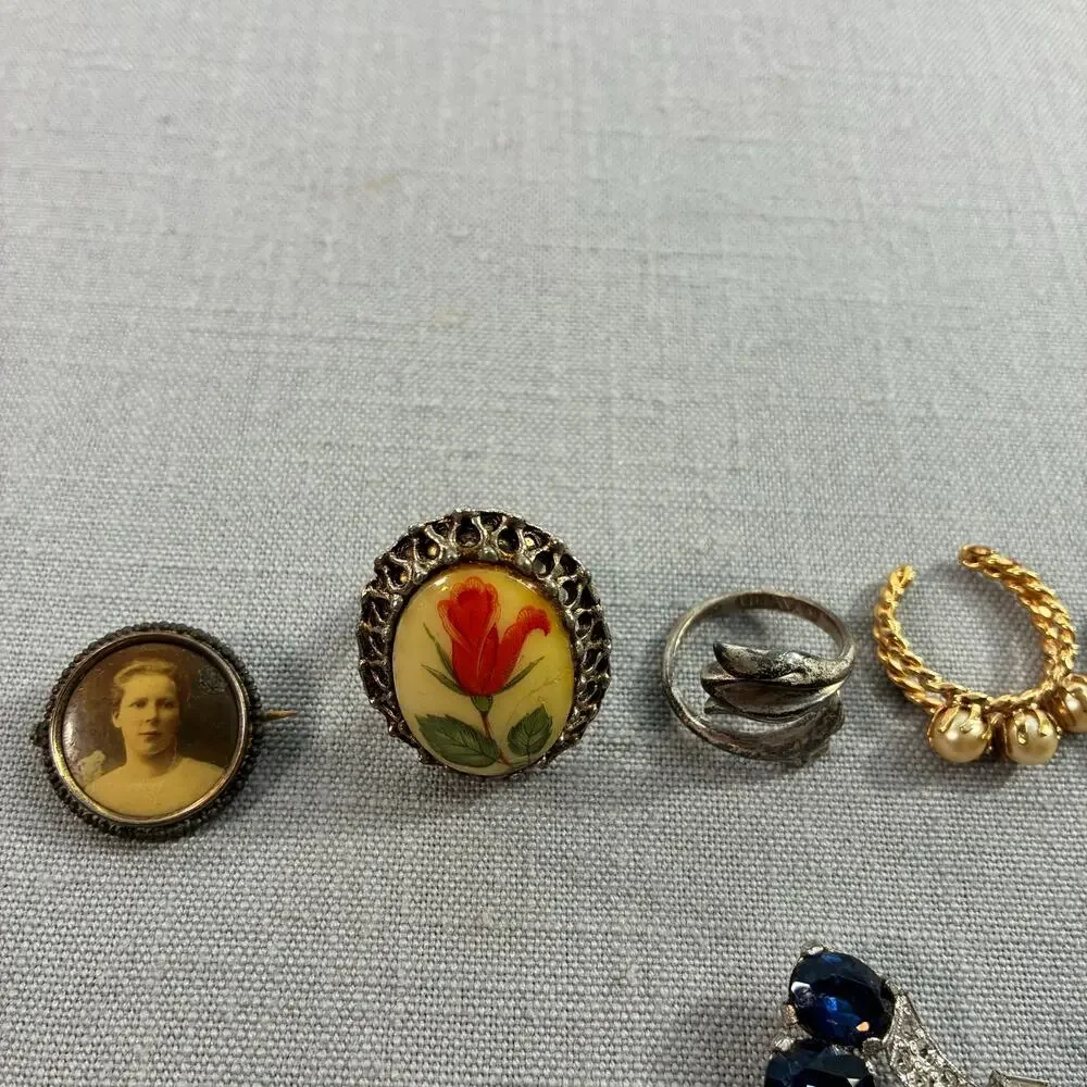 Vintage Costume Jewelry Lot Rhinestone Brooches Pins Rings Floral Portrait